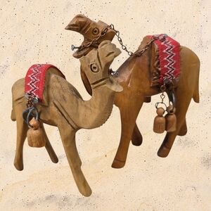 Wooden Camel Figurines Set Of 2